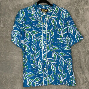 Bob Mackie Large Shirt Top Blue Floral Button Up Short Sleeve Collared Linen